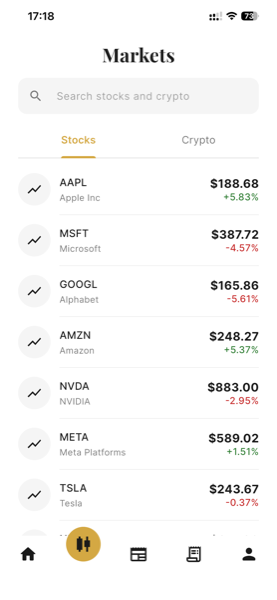 Parsa Vault markets screen showing live stock and crypto prices