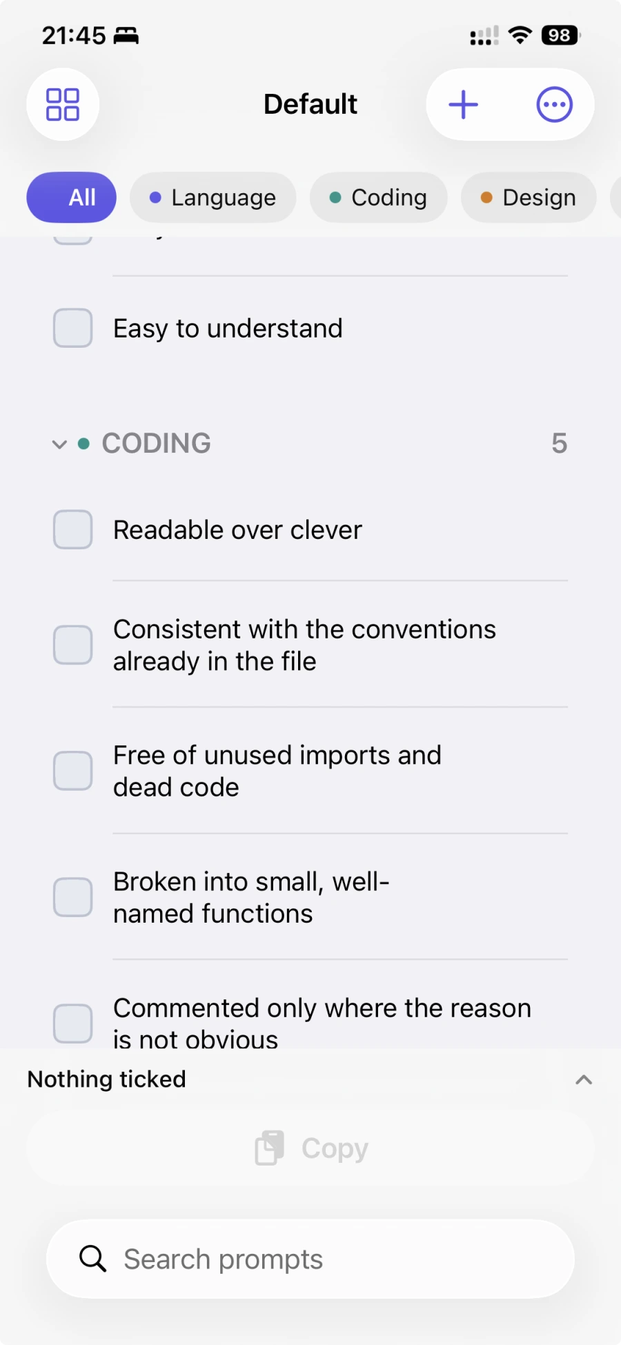 Prompt Sheet on iPhone: category filter pills across the top, a list of tickable coding prompts, and a copy bar above the search field