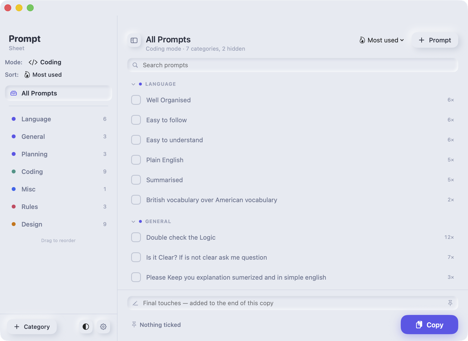 Prompt Sheet on macOS: a sidebar of coloured categories beside a list of tickable prompts, with a copy bar along the bottom