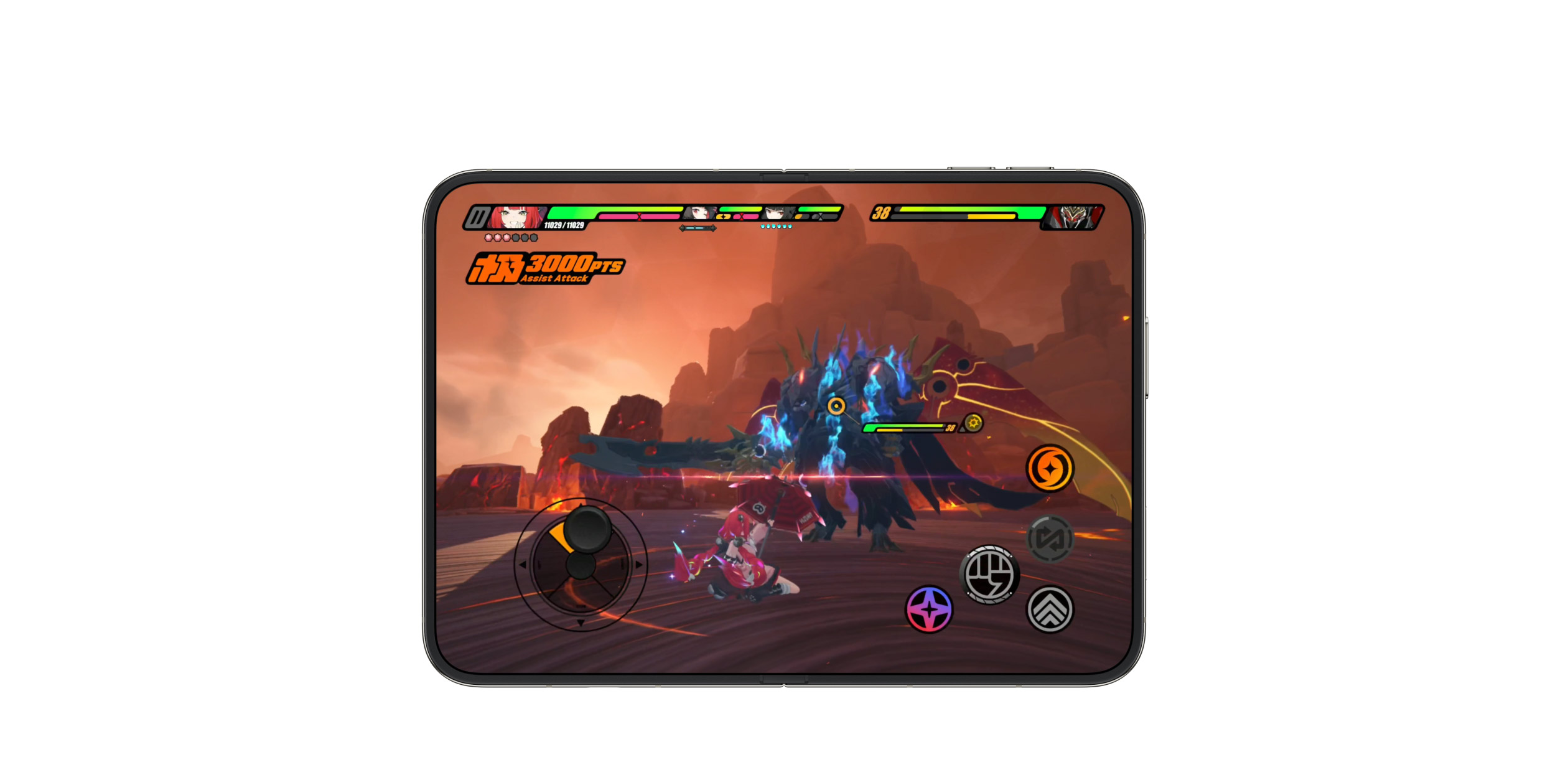 The iPhone Duo unfolded on its side, running an action game on the inside screen. Image: Apple