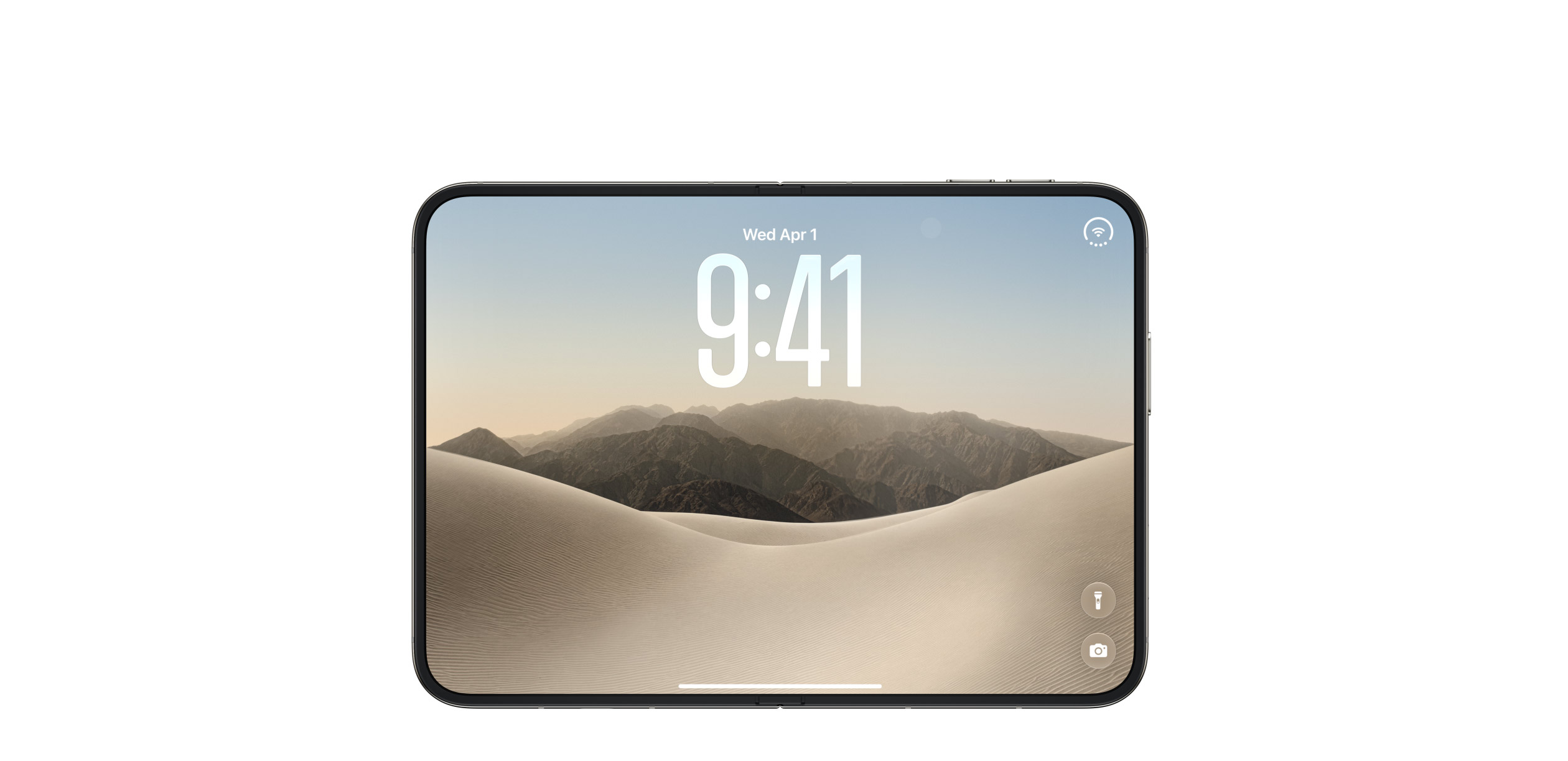 The iPhone Duo unfolded on its side, showing the 7.6-inch inside screen with a desert lock screen. Image: Apple