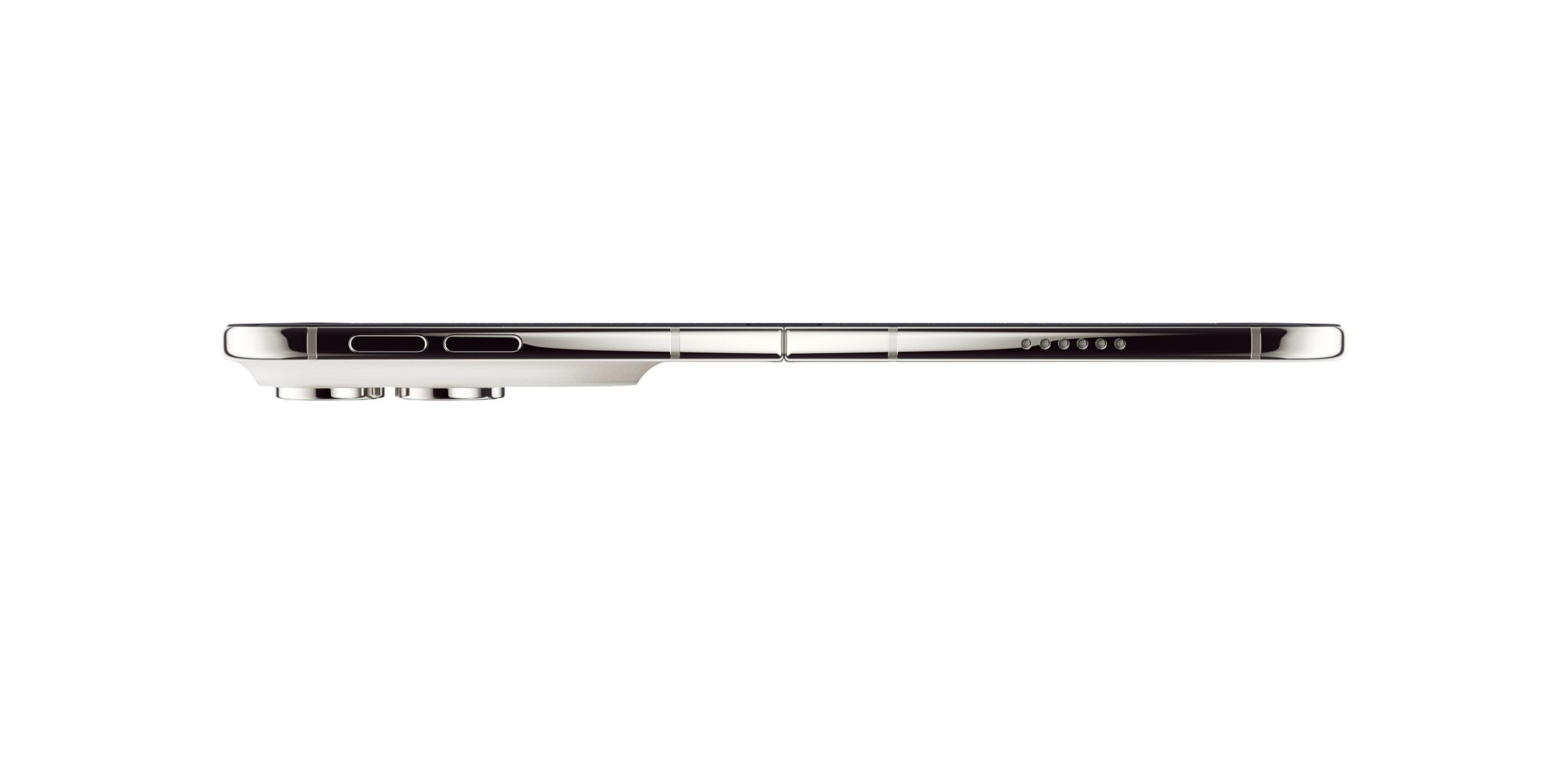 Side view of the unfolded iPhone Duo, showing its thin titanium edge, buttons and hinge. Image: Apple