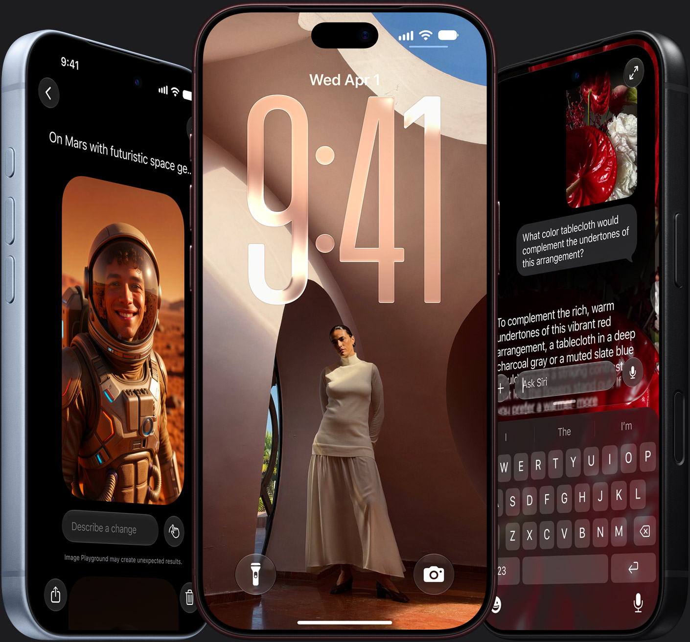 Three iPhones showing Image Playground, a lock screen and Siri answering a question about a photo. Image: Apple