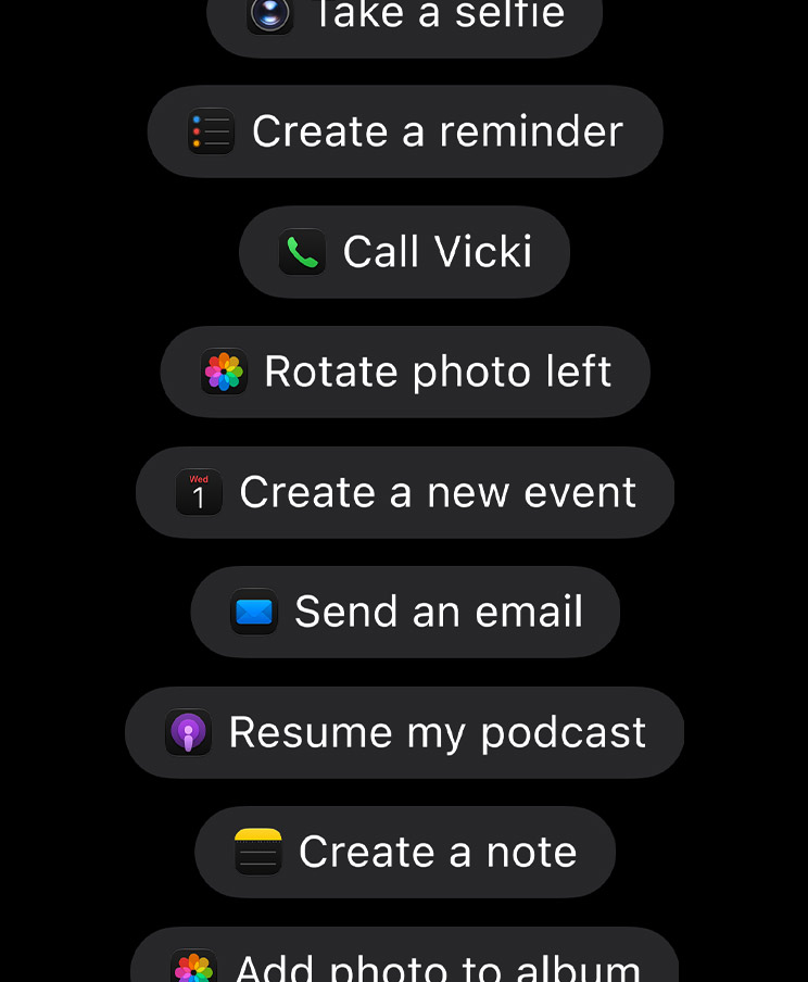 A list of actions Siri can carry out in apps, including create a reminder, rotate photo left, send an email and create a note. Image: Apple