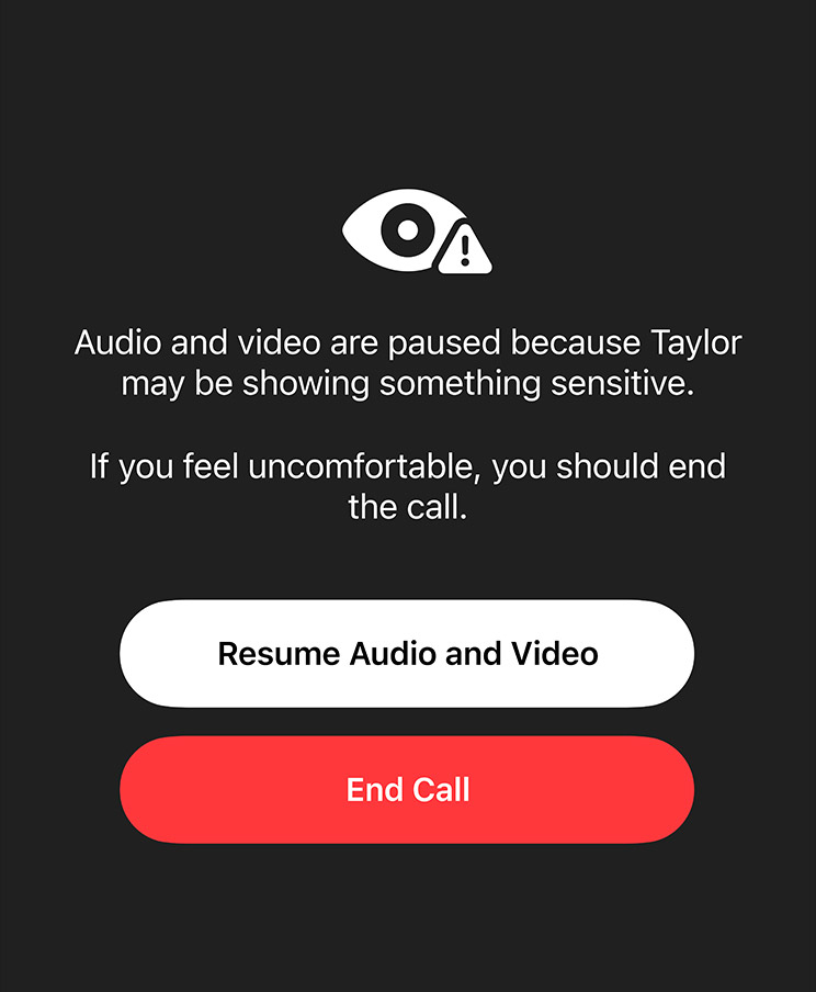 A video call paused by Communication Safety, warning that the other person may be showing something sensitive, with Resume and End Call buttons. Image: Apple