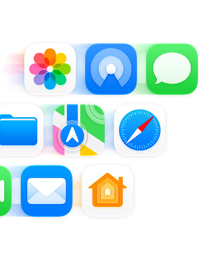 App icons for Photos, AirDrop, Messages, Files, Maps, Safari, Mail and Home rushing across the screen to suggest faster launching. Image: Apple