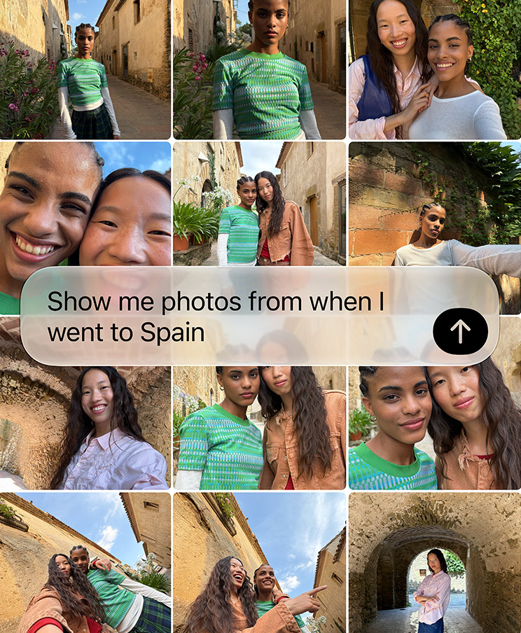 A grid of holiday photos with a Siri request on top reading: Show me photos from when I went to Spain. Image: Apple